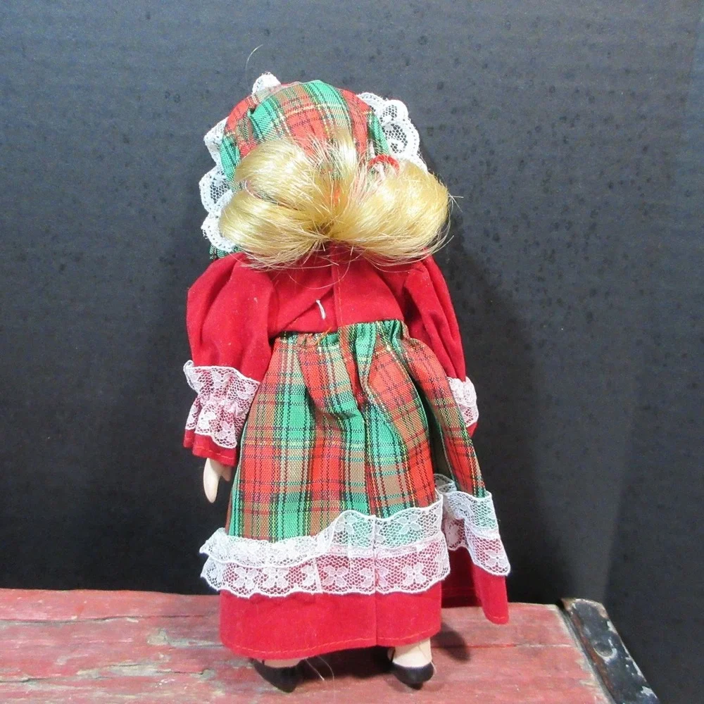 VTG Christmas Porcelain Doll in Plaid Dress & Bonnet - Blonde Hair, Blue Eyes